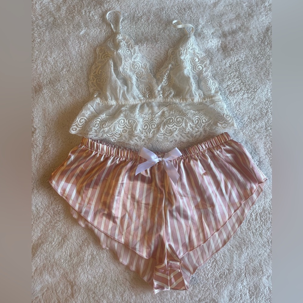 Lace top with shorts set.